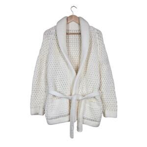 Cottagecore Chunky Knit Cardigan Handmade Ivory Belted Shawl Collar Cozy
